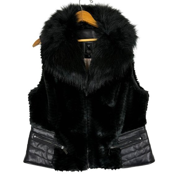 Guess Piper Women's Faux Fur Vegan Leather Vest XL Black Full Zip Pockets - Picture 1 of 11